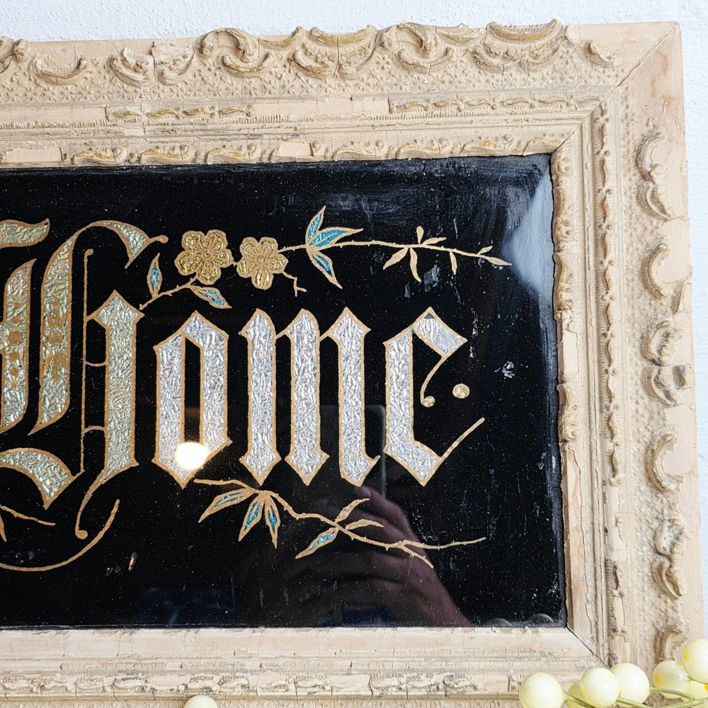 Antique Victorian Reverse Glass Tinsel Painting God Bless Our Home Gesso Frame - Picture 4 of 10